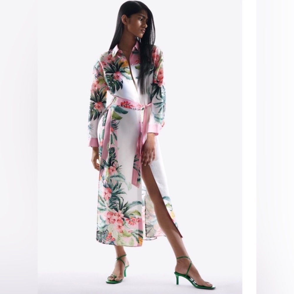 Zara White Maxi Shirt Dress with Pink & Green Tropical Print It Runs Full